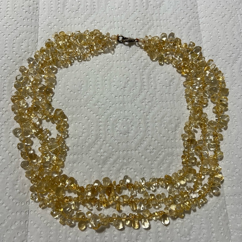 Elegant Triple Strand Naturalcitrine Necklace With Stirring Silver 925 Closure
